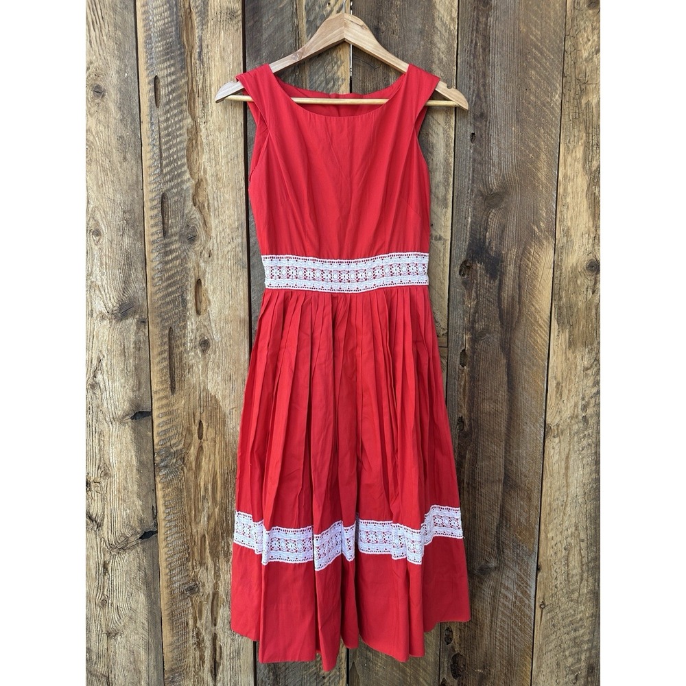 Vintage Dress Womens M Cherry Red Prairie Lace Cottage‎ Folk Western Americana